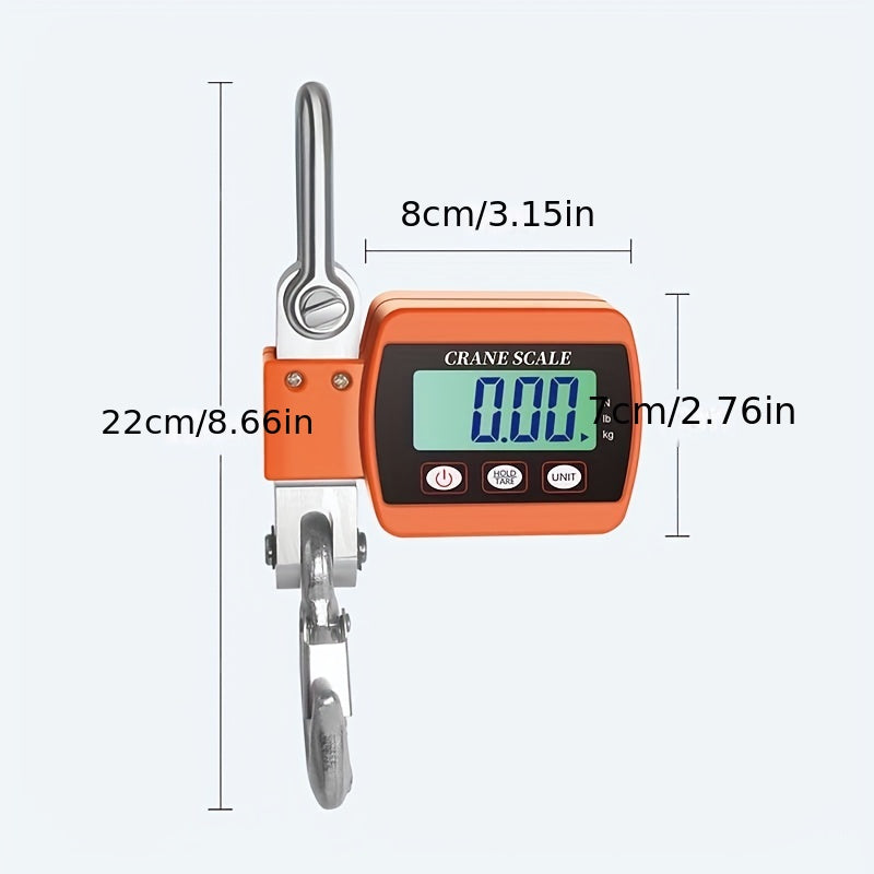 Orange crane scale with dimensions labeled on a white background