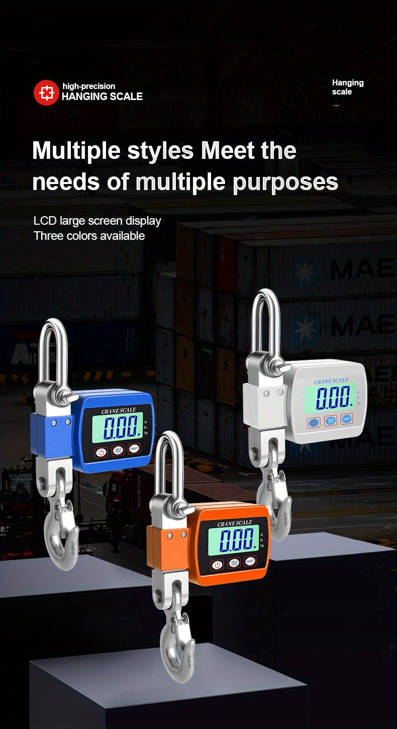 Three hanging scales in different colors with digital displays on a dark background.