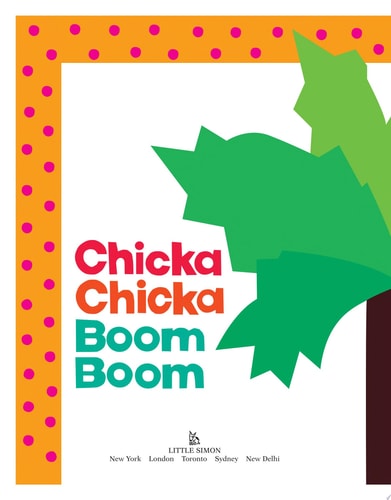 Book cover of 'Chicka Chicka Boom Boom' with colorful text and a green abstract shape on an orange border.