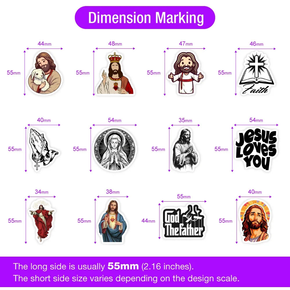 Set of religious-themed stickers with dimensions marked on a white background