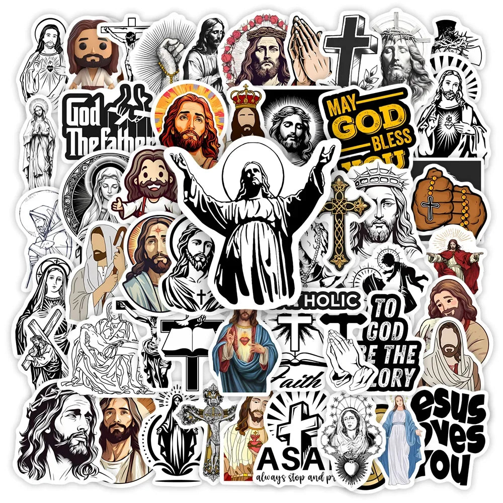 Collection of God religious-themed stickers featuring Jesus and crosses on a white background