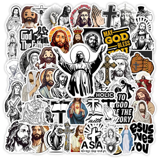 Collection of God religious-themed stickers featuring Jesus and crosses on a white background