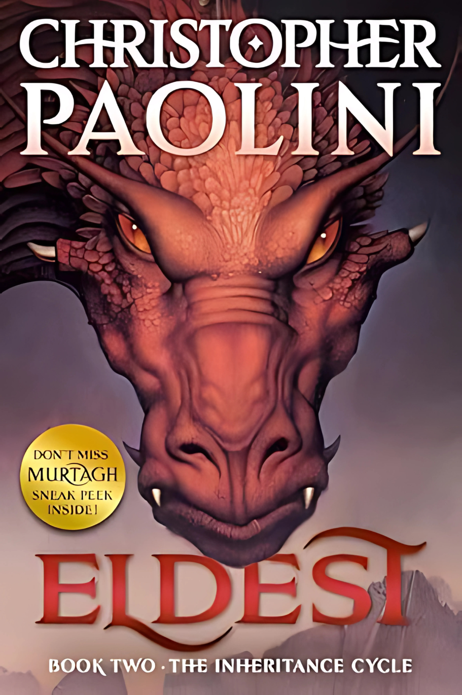 Book front cover of the book 'Eldest' from "Christopher Paolini Inheritance Cycle Box Set Eragon-Eldest-Brisingr-Inheritance" featuring a colored drawing of a dragon looking directly outward.