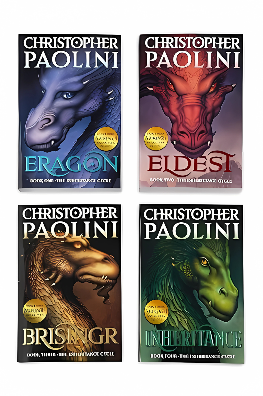 Display showing book covers from 'Christopher Paolini Inheritance Cycle Box Set Eragon-Eldest-Brisingr-Inheritance' showing all four books.