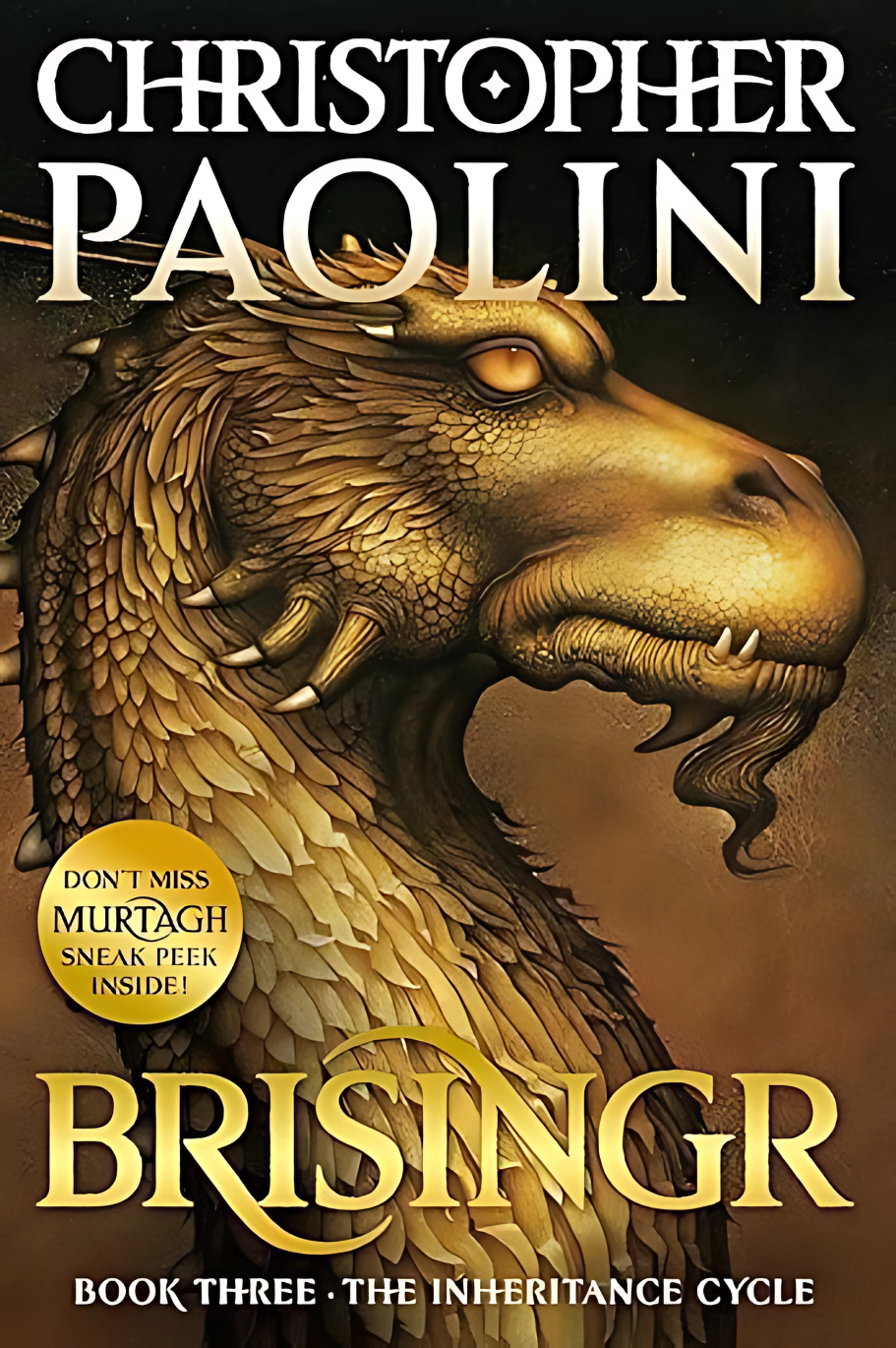 Book front cover of the book 'Brisingr' from "Christopher Paolini Inheritance Cycle Box Set Eragon-Eldest-Brisingr-Inheritance" featuring a colored drawing of a dragon head from a side view.