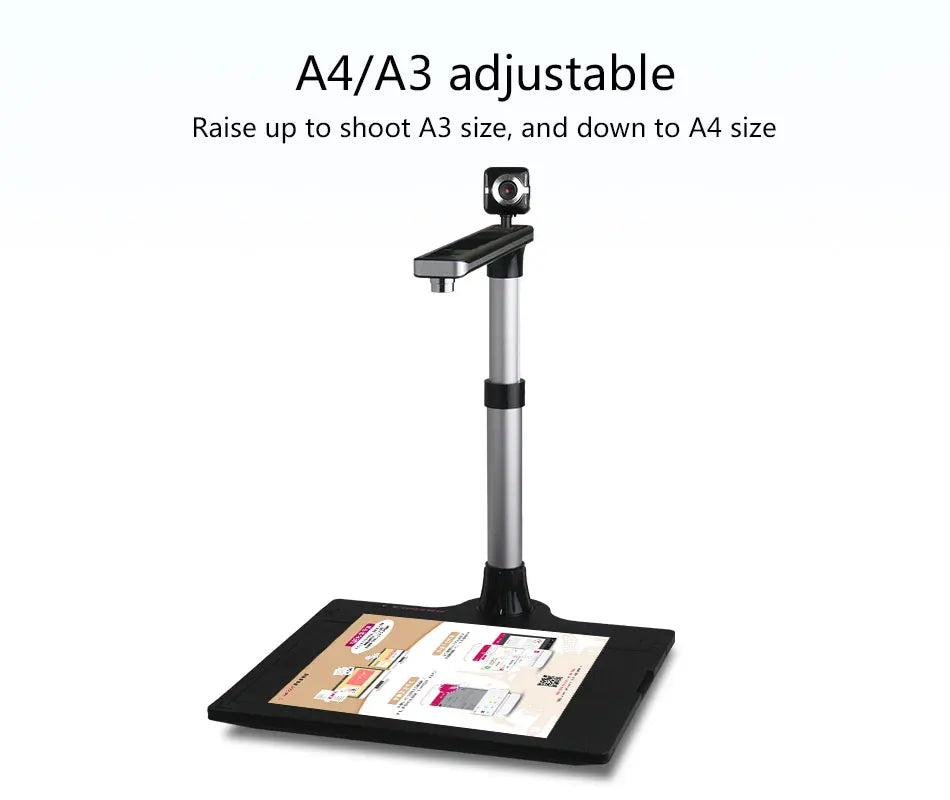 Adjustable document camera with A4/A3 size capability on a white background