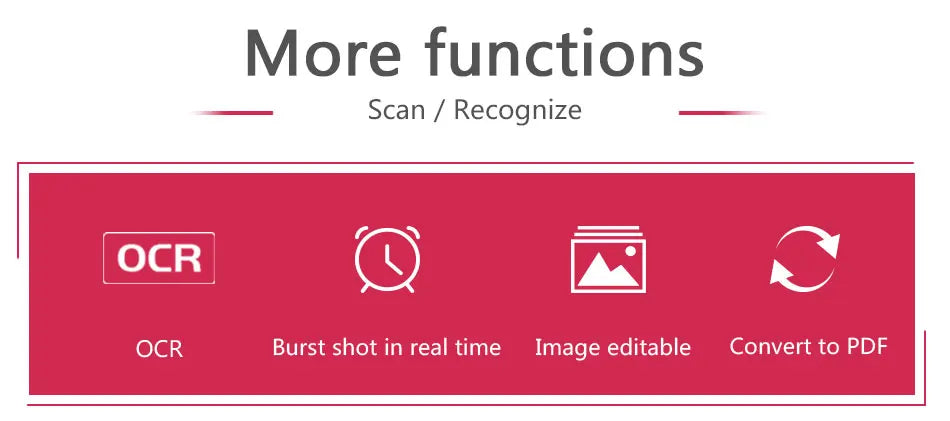 Printer scanner menu with options for more functions including OCR, burst shot, image editing, and PDF conversion on a white background.