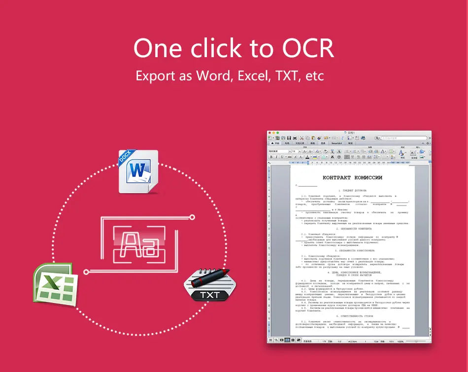Printer scanner software interface for OCR with export options to Word, Excel, and TXT on a red background