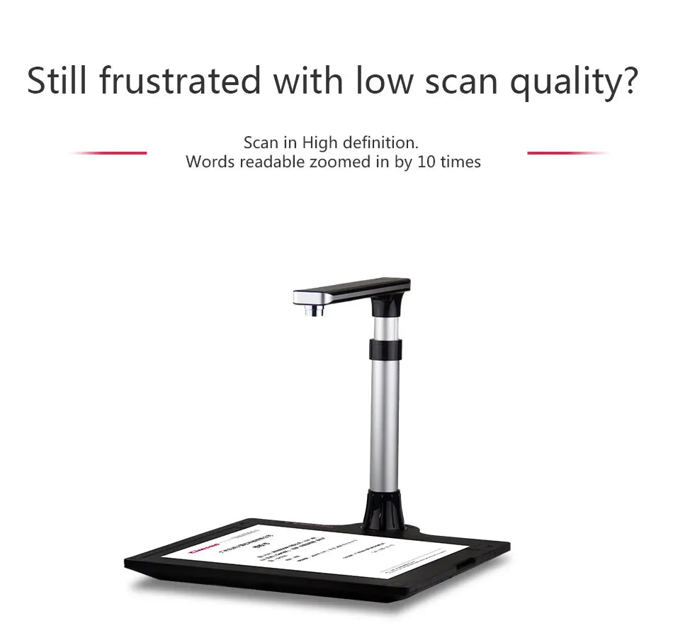 Document camera with text about improved scan quality on a white background