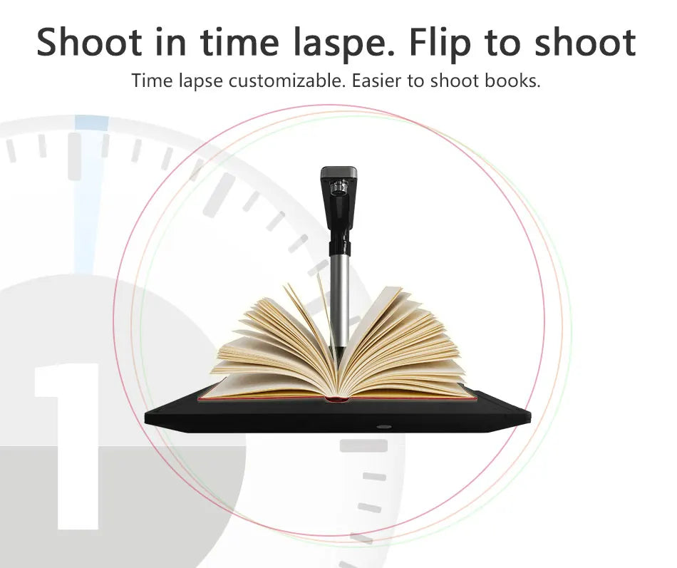 Printer scanner camera device on an open book with a customizable time-lapse feature, displayed against a white background.