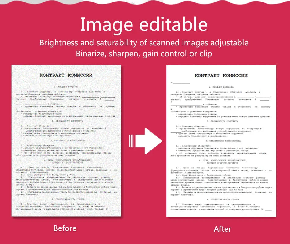Printer scanner before and after comparison of a scanned document with text on a red background.