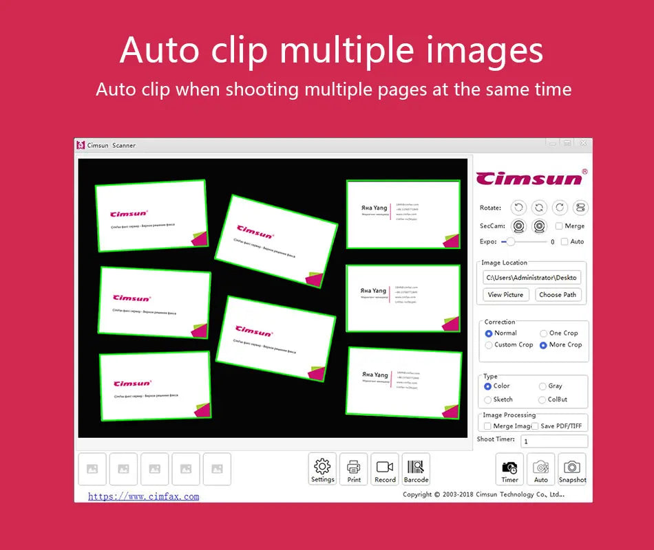 Printer scanner Cimsun software interface for auto clipping multiple images on a red background