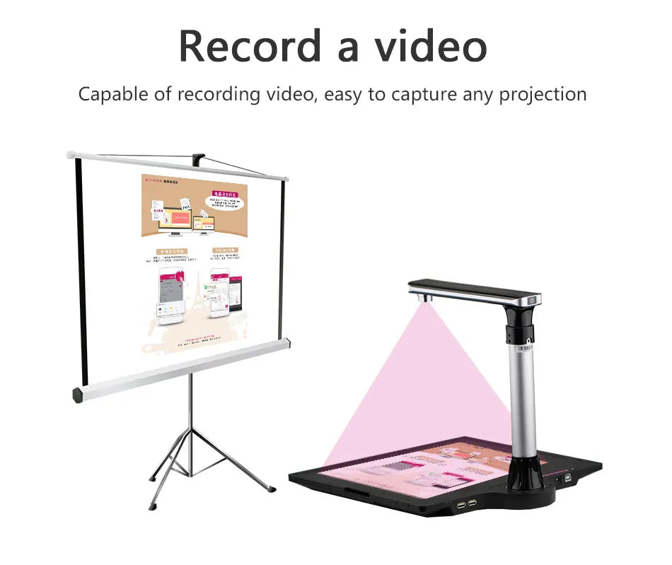 Printer scanner projection screen with stand and digital camera capturing a projection on a white background