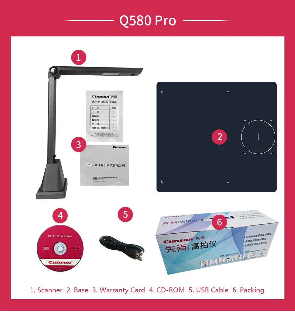 Printer scanning Q580 Pro scanner set with components on a red background