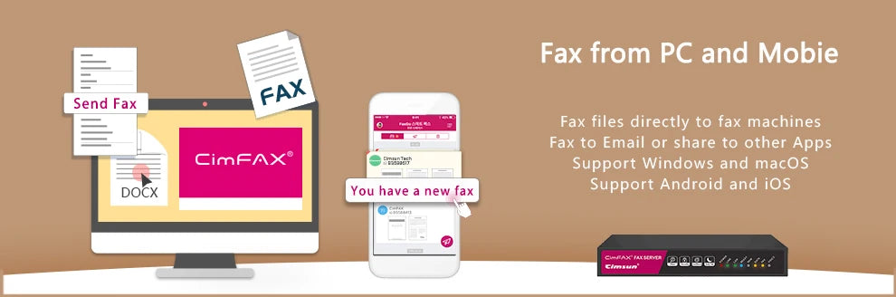 CimFax software interface on computer and smartphone with fax machine icon, text about fax functionality.