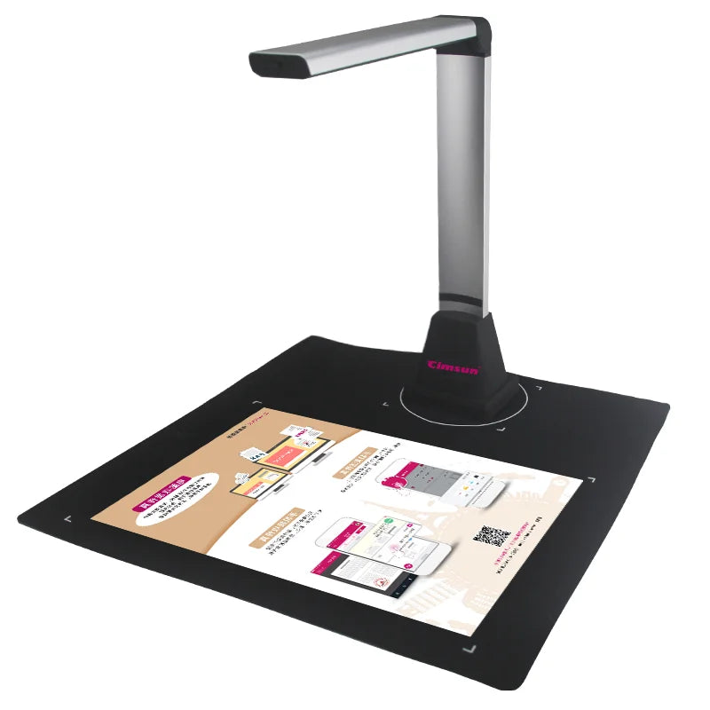 Document camera with a document on its glass surface on a white background