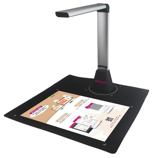Document camera with a document on its glass surface on a white background
