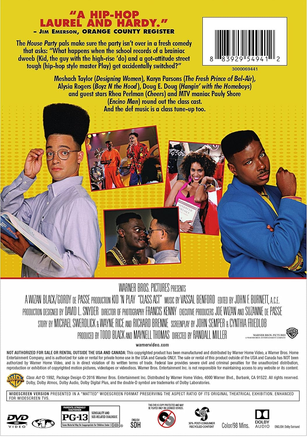 Back cover of 'Class Act' DVD starring Kid 'n Play, featuring film details.