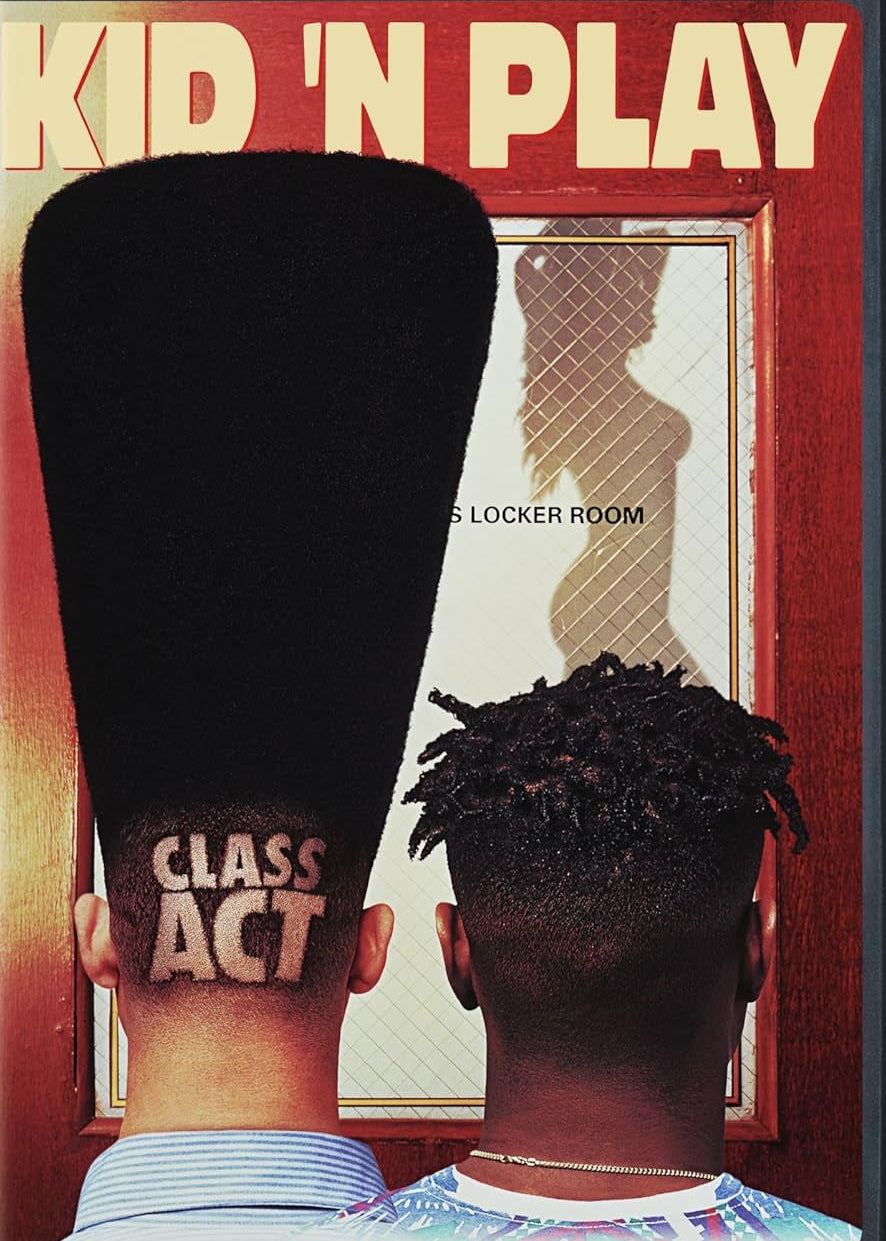 Front cover of "Class Act DVD" starring Kid 'n Play, featuring both main characters looking into a locker room and showing the back of their heads with faded haircuts and the film title shaved into the back of Christopher 'Kid' Reid's head.