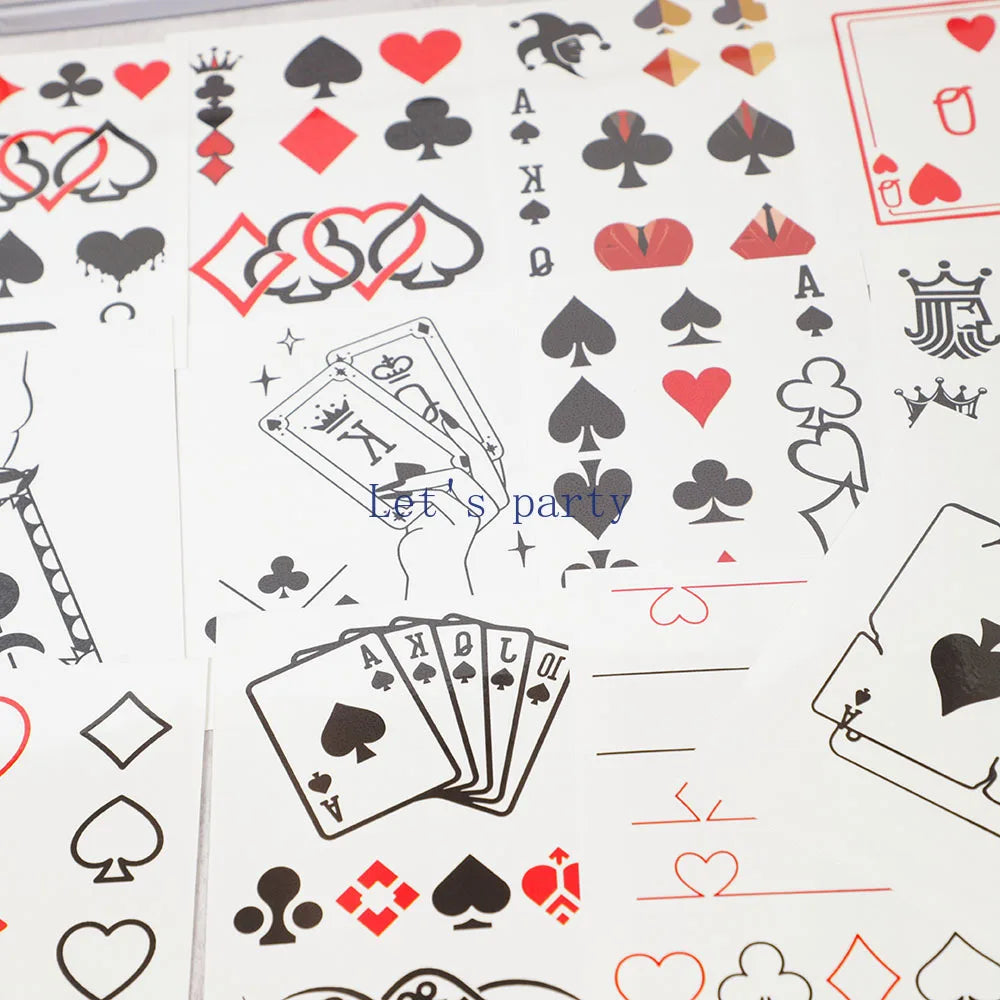 Playing card symbols and text 'Let's party' on a white background