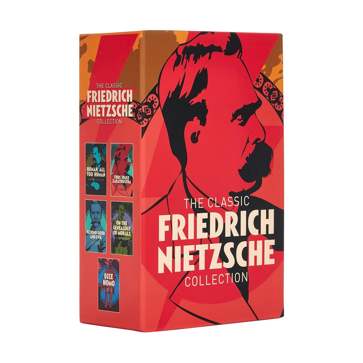 A 5-book box set of Friedrich Nietzsche's classic works, with contemporary cover designs, displayed in a vertical orientation.