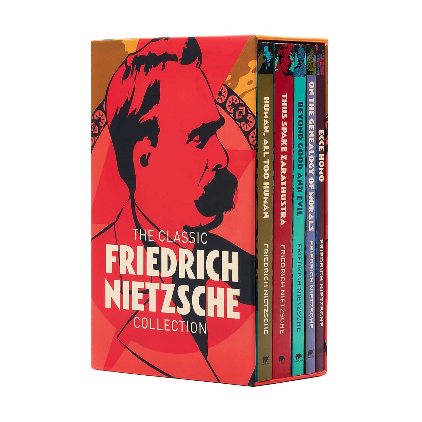 A 5-book box set of Friedrich Nietzsche's classic works, with contemporary cover designs, displayed in a vertical orientation.