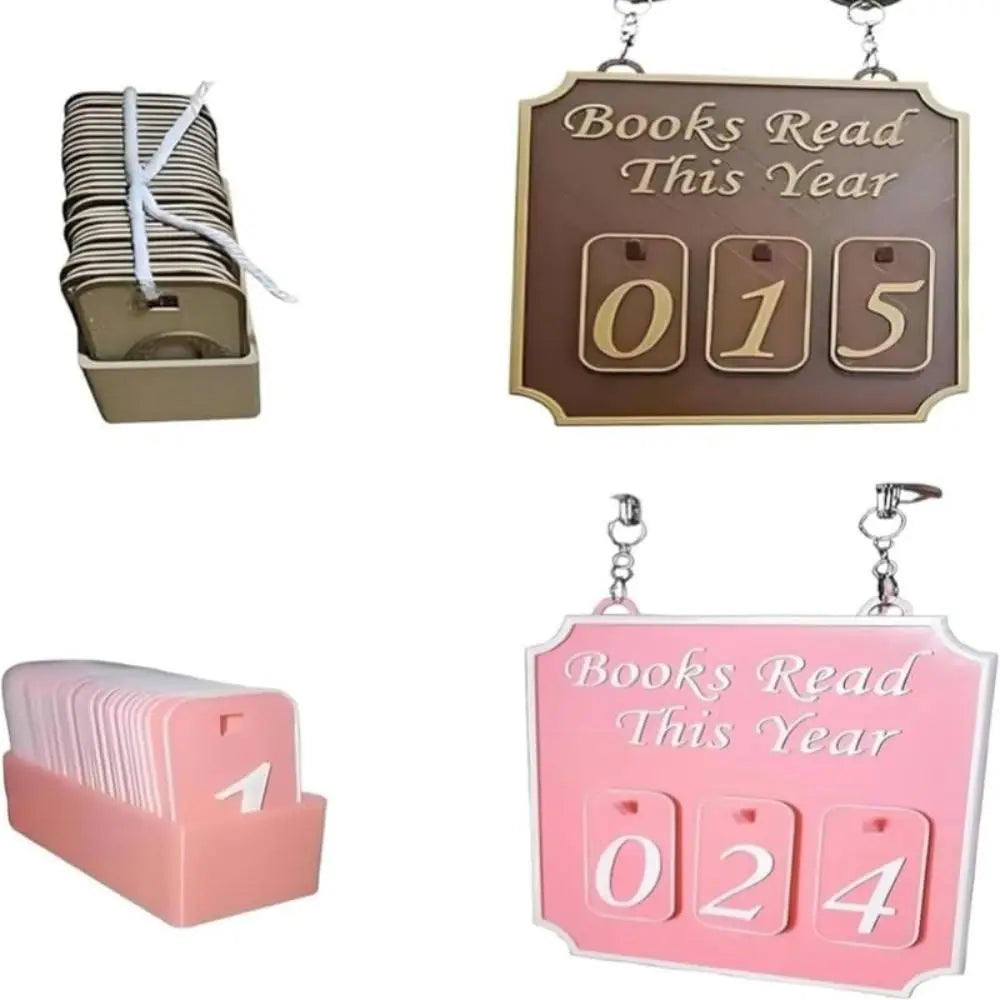 Two book tracker signs with card holders on a white background