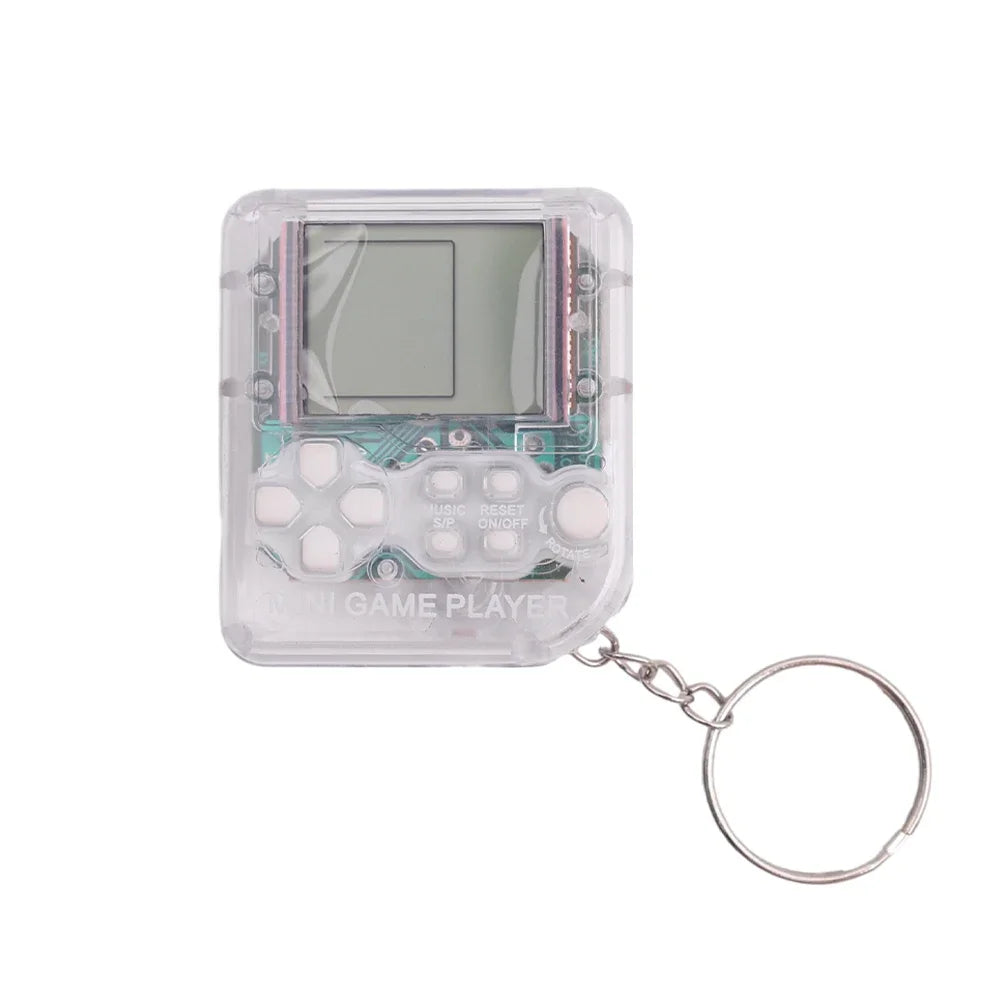 Clear retro-style game player keychain on a white background
