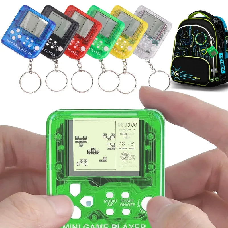 Collection of colorful mini game players with a green one being held, and a backpack in the background.