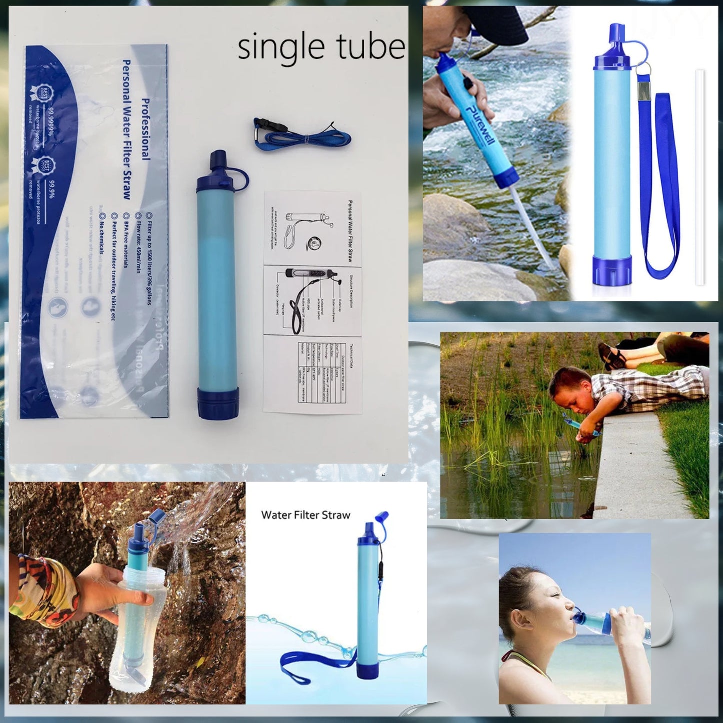 Single Clean Water Filter Drinking Straw with collage of use cases