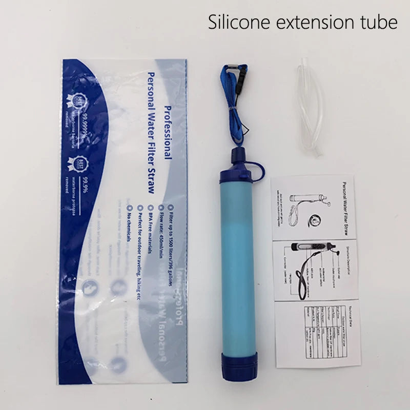 Blue water filter straw with packaging and instructions on a white background