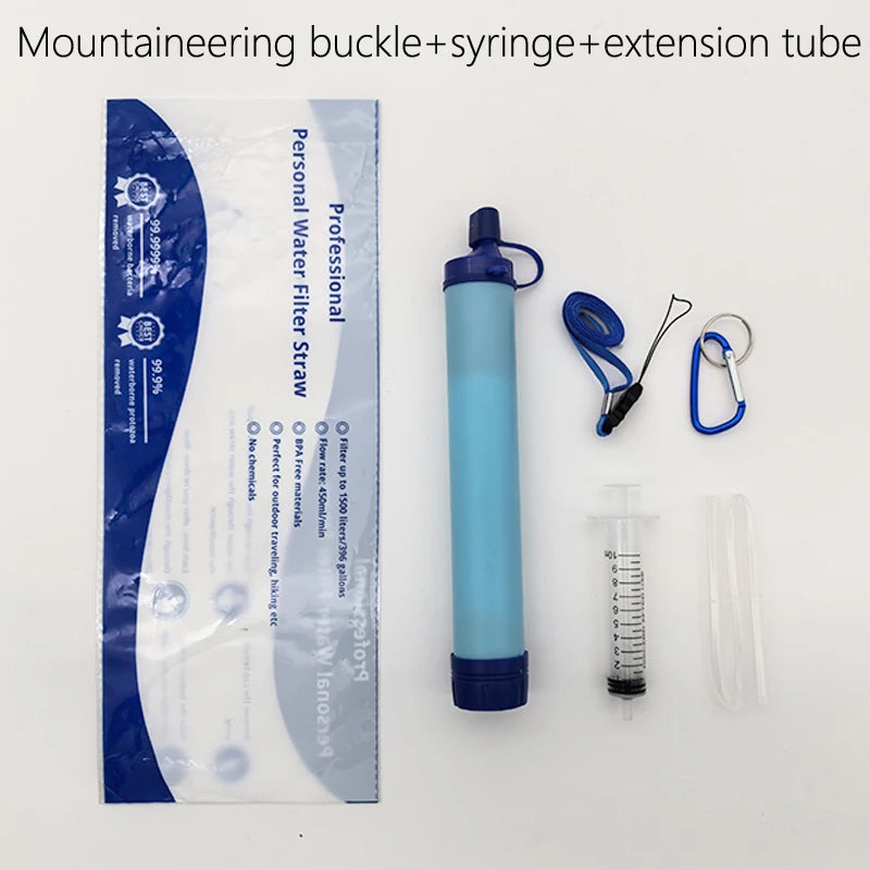 Mountaineering buckle, syringe, extension tube, and water filter straw on a white background