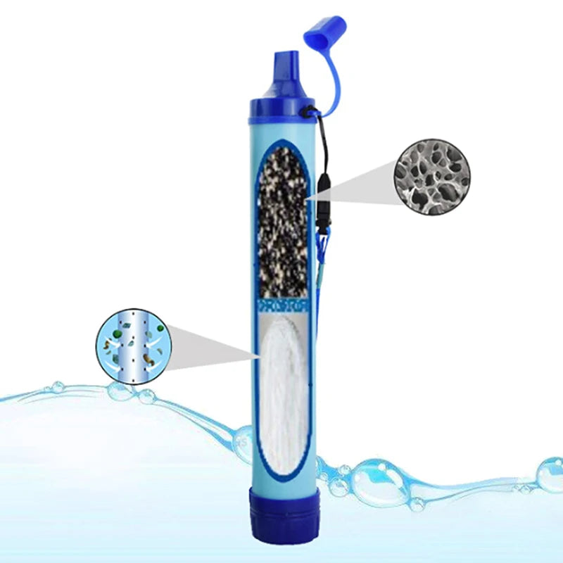 Blue water filter pen with detailed illustration of filtration process on a white background