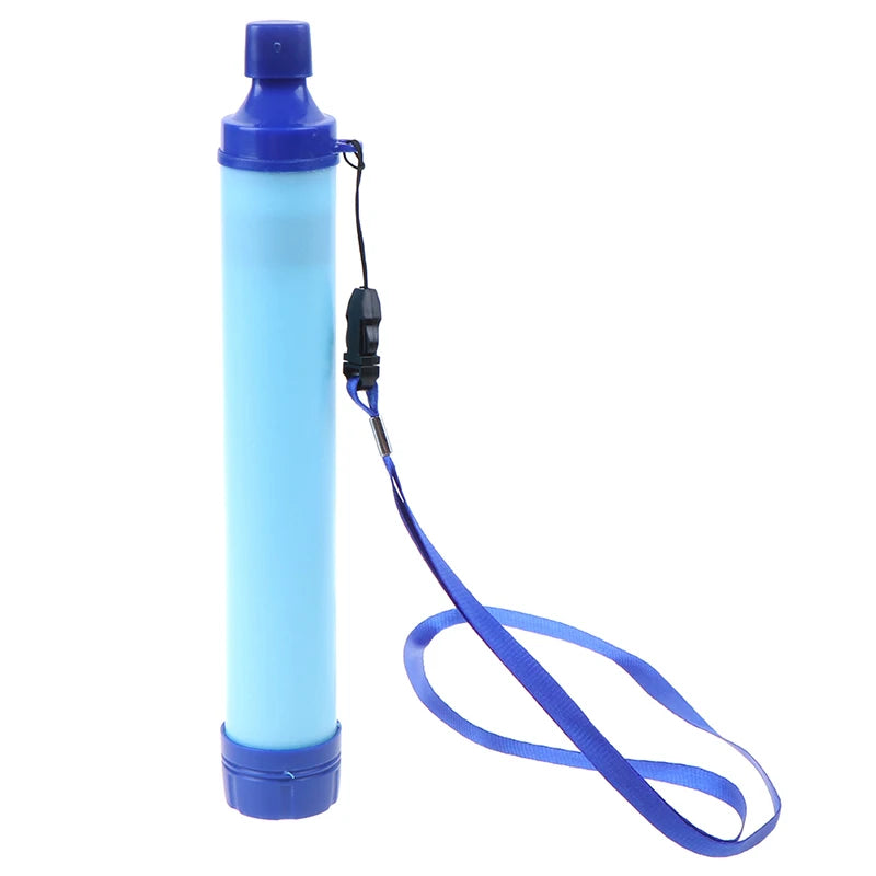 Blue cylindrical water filter with a strap on a white background