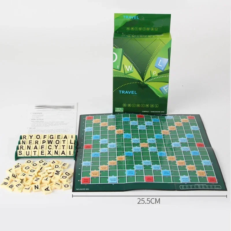 Scrabble travel board game set with board, tiles, and packaging on a white background