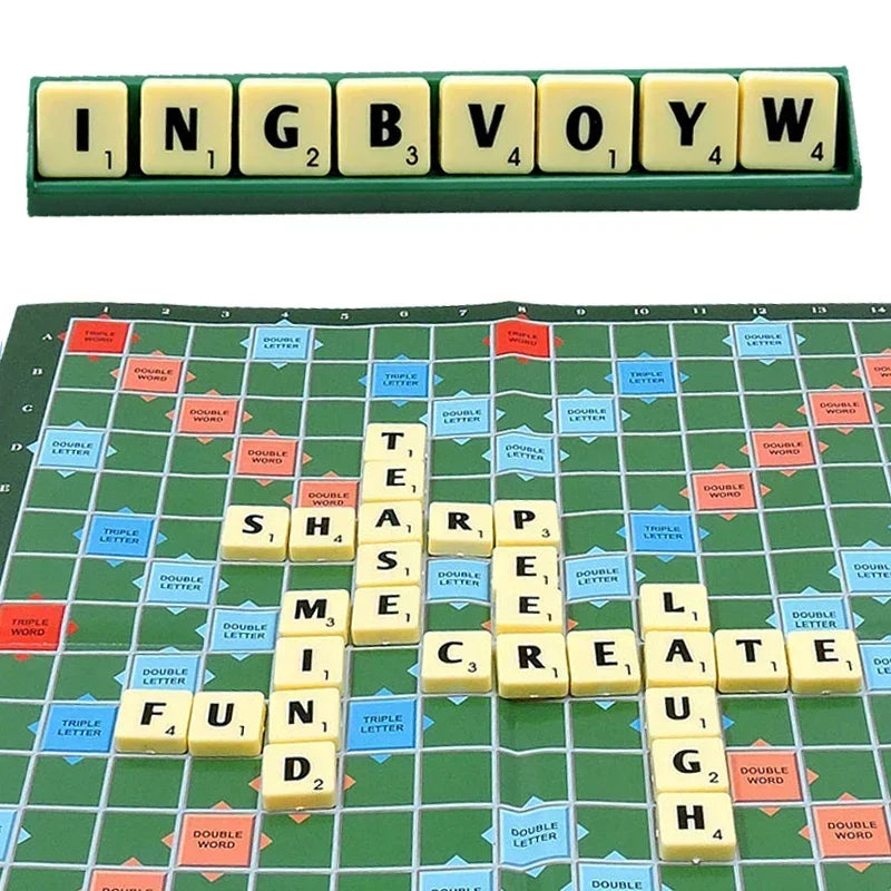 Scrabble-like game board with tiles spelling out words, including 'INGBVOYW' above.