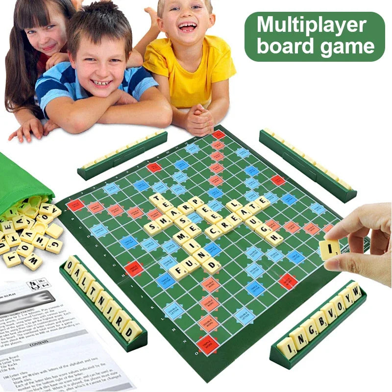 Children playing a Scrabble-like board game with tiles and a hand placing a tile on the board.