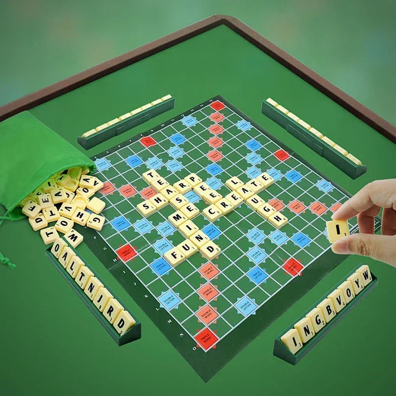 travel scrabble-like board game in progress on a green board with letter tiles.