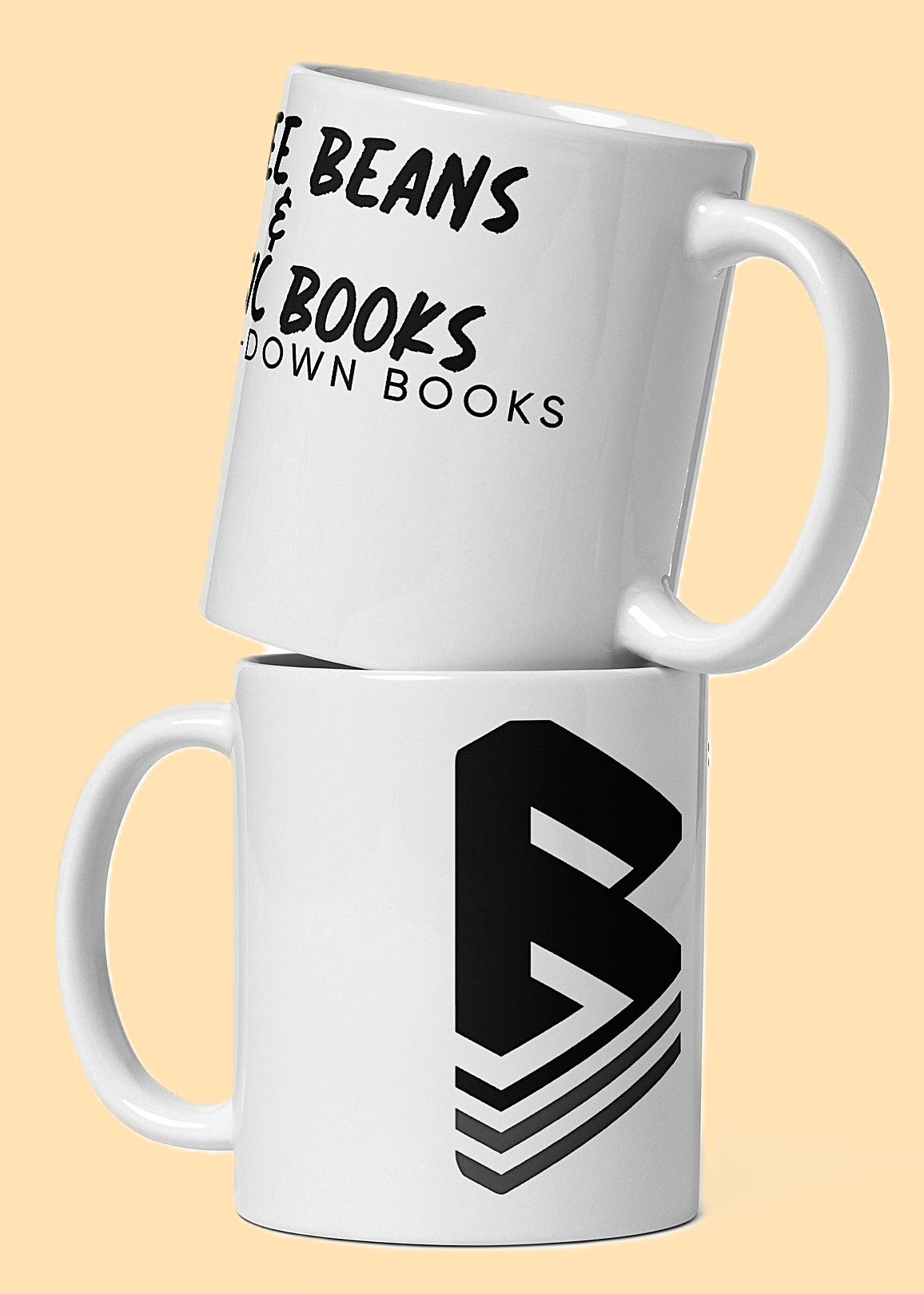 Bust-Down Books 'coffee beans and classic books' coffee cup featuring two cups stacked on top of each other displaying both sides of the mug.