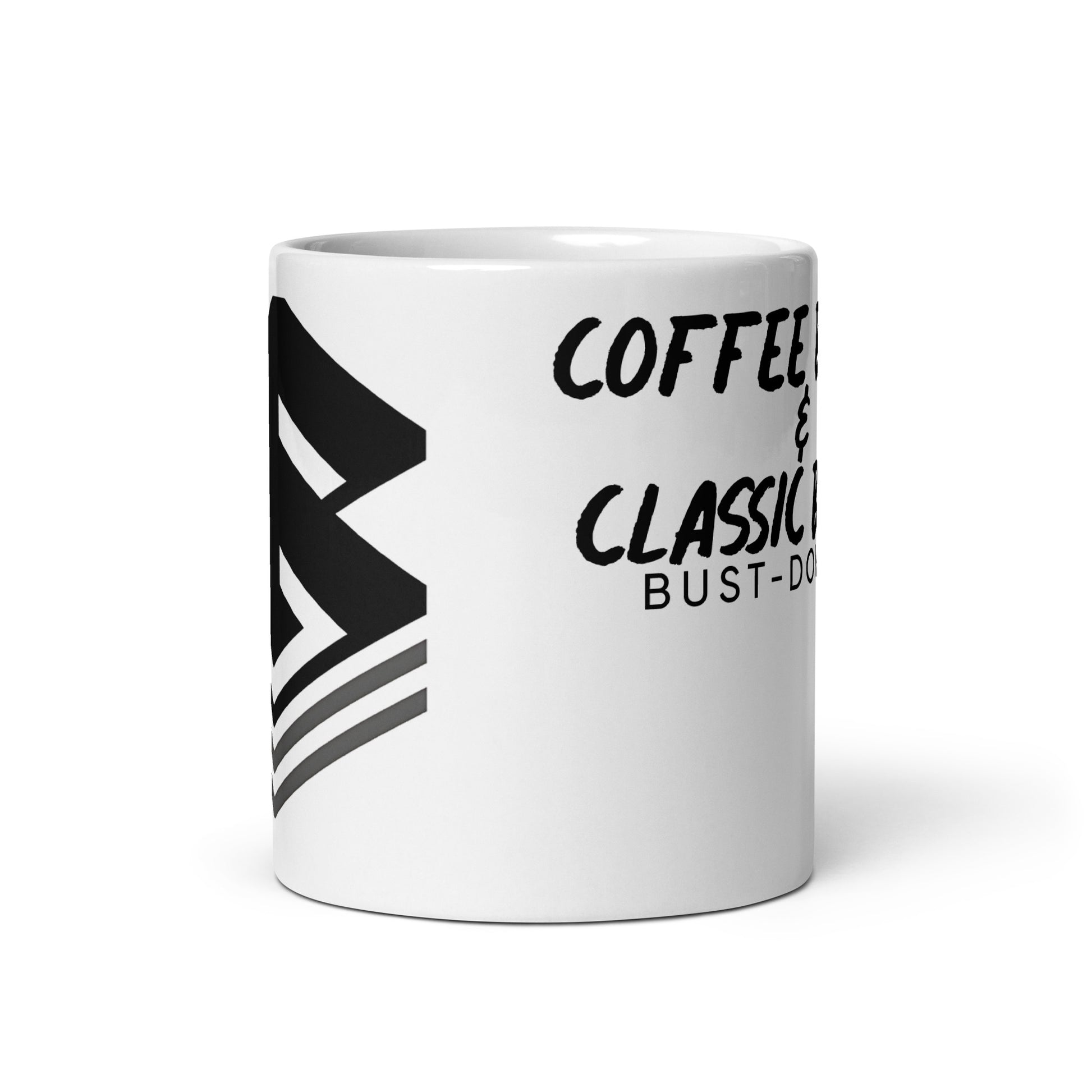White "Coffee Beans & Classic Books" coffee cup by Bust-Down Books, over a white background.
