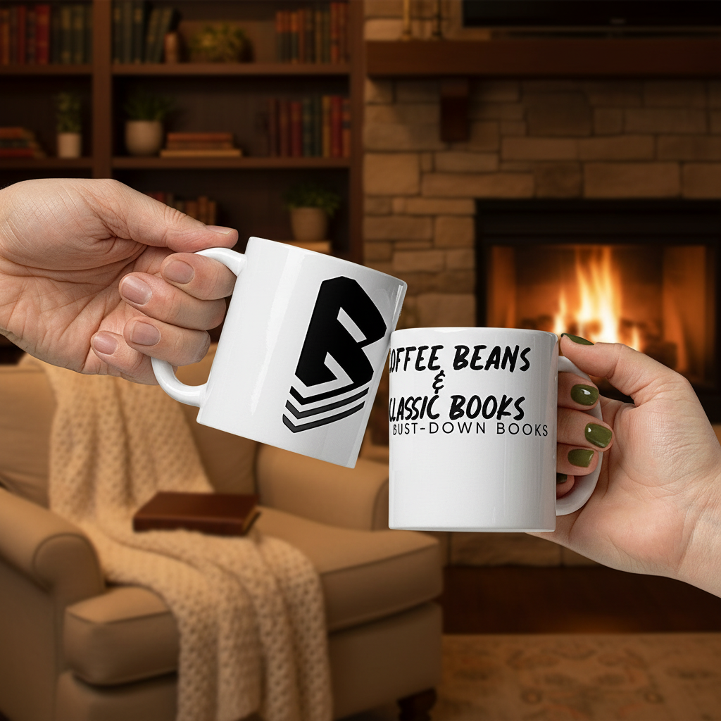 Two hands holding white ceramic mugs with black printed text and graphics in front of a cozy living room scene with a fireplace and bookshelves.
