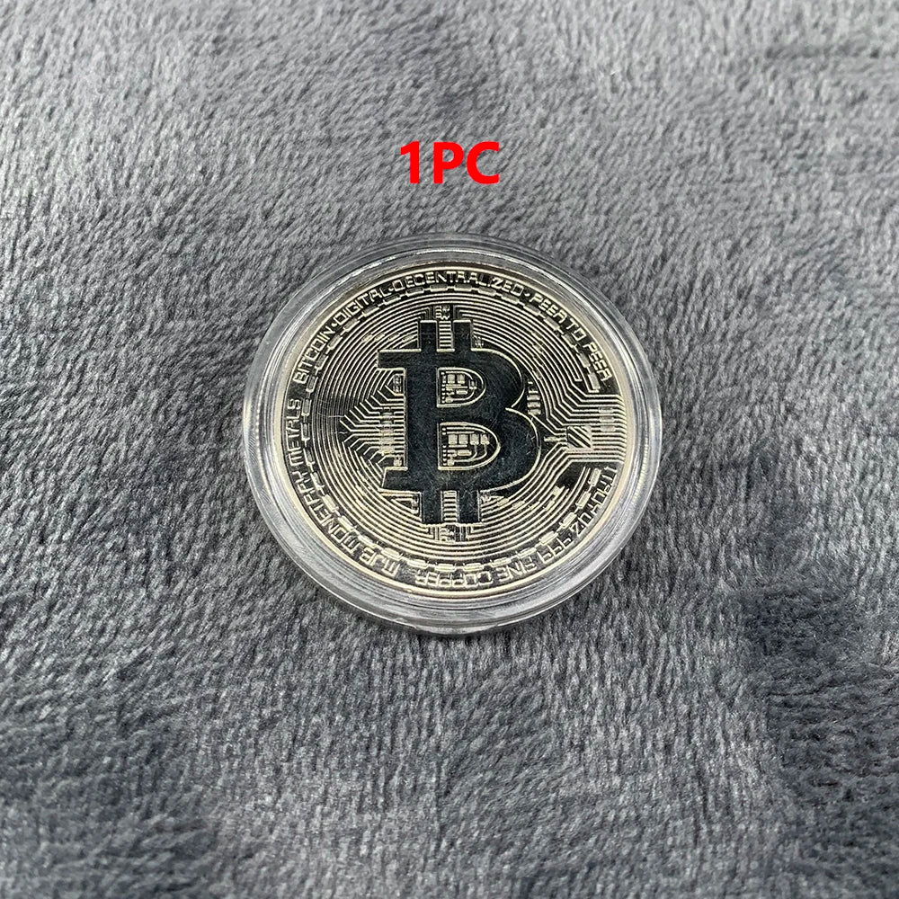 Bitcoin commemorative coin on a textured grey surface with '1-Piece' text.