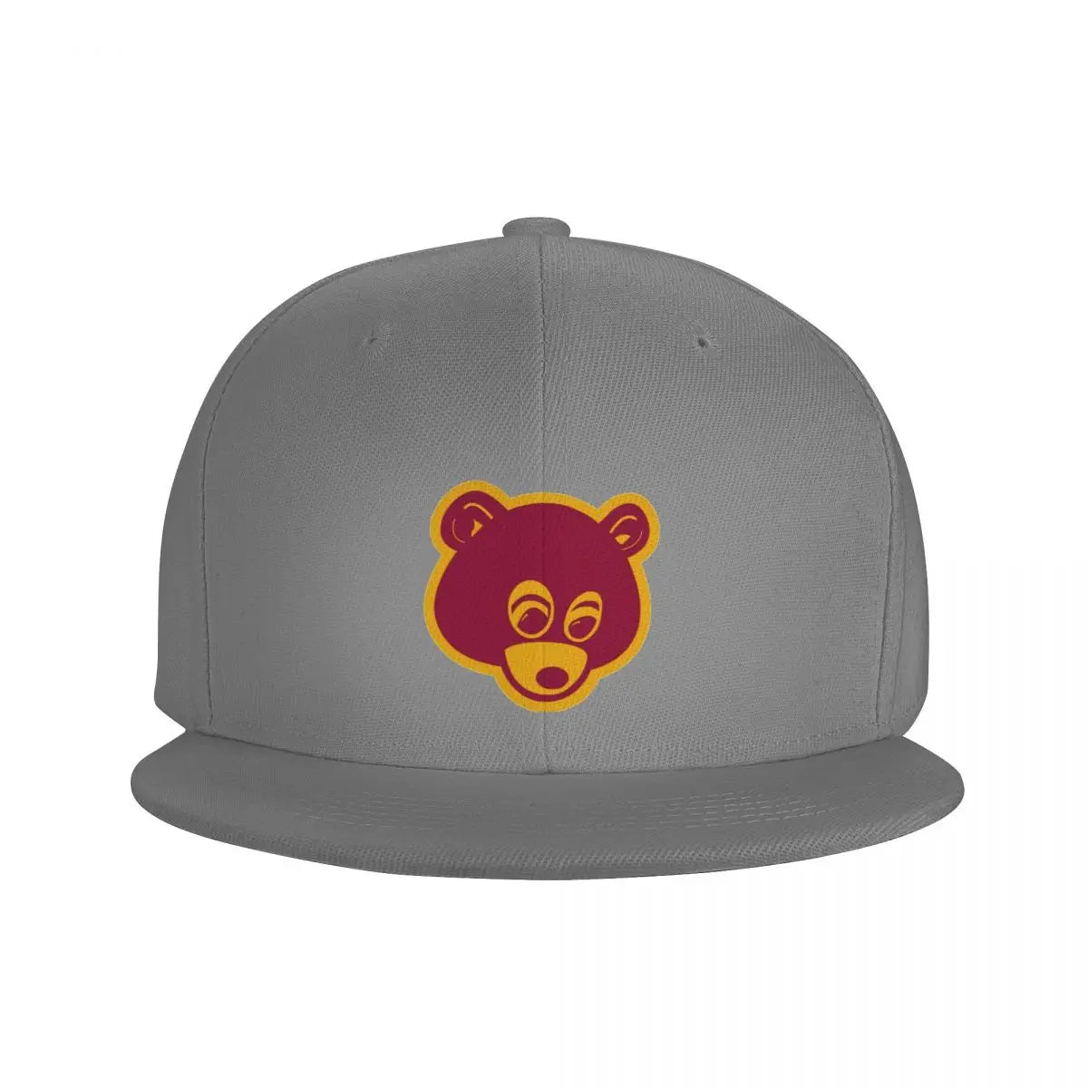 Grey 'College Dropout Kanye Snapback: Bear Mascot OSFA 9-Colorways' cap with yellow bear logo on a white background front logo hat view.