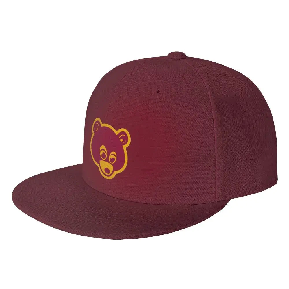 Maroon 'College Dropout Kanye Snapback: Bear Mascot OSFA 9-Colorways' cap with yellow bear logo on a white background cap at angled hat view.