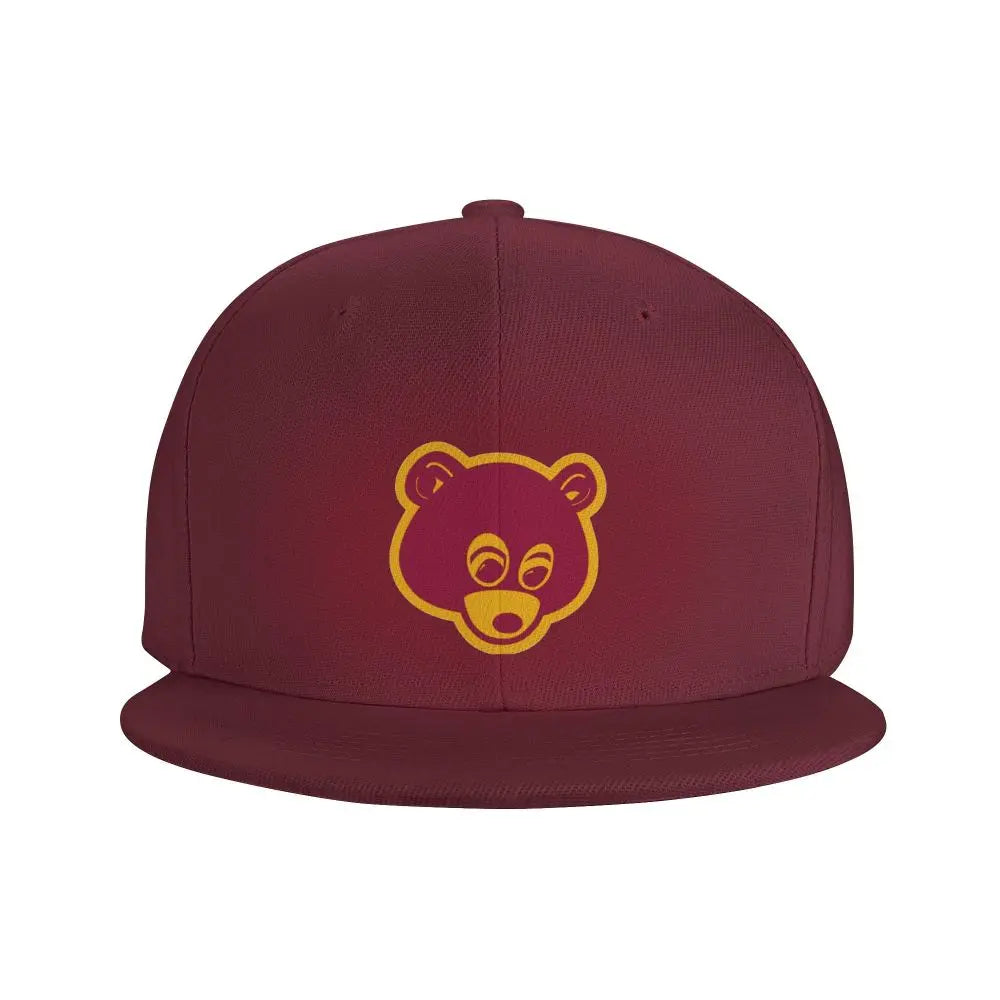 Maroon 'College Dropout Kanye Snapback: Bear Mascot OSFA 9-Colorways' cap with yellow bear logo on a white background front logo hat view.