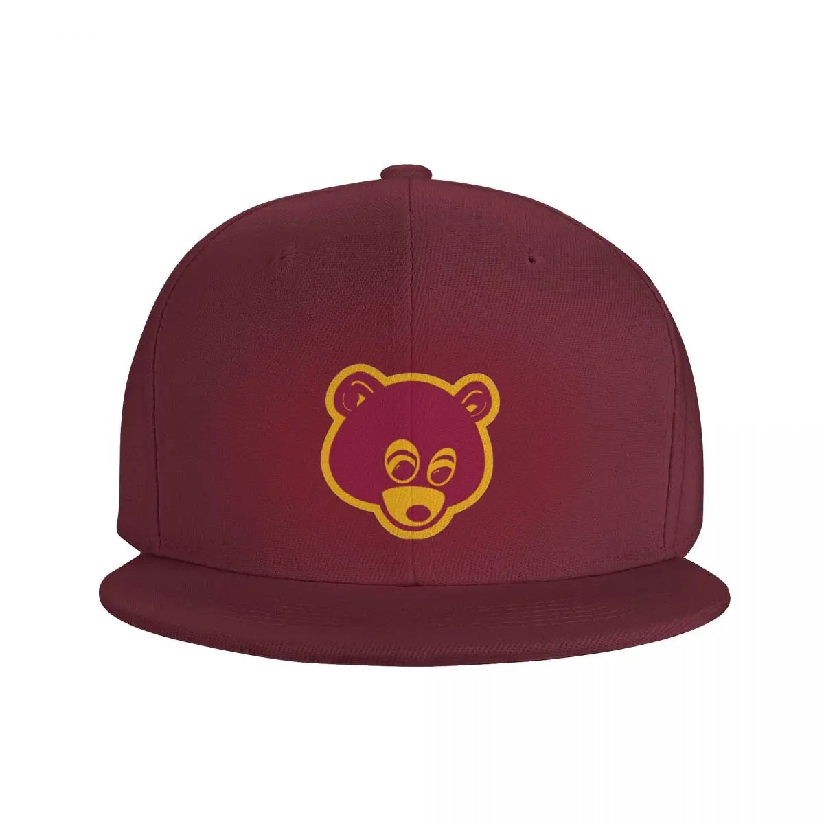 Maroon 'College Dropout Kanye Snapback: Bear Mascot OSFA 9-Colorways' cap with yellow bear logo on a white background front logo hat view.