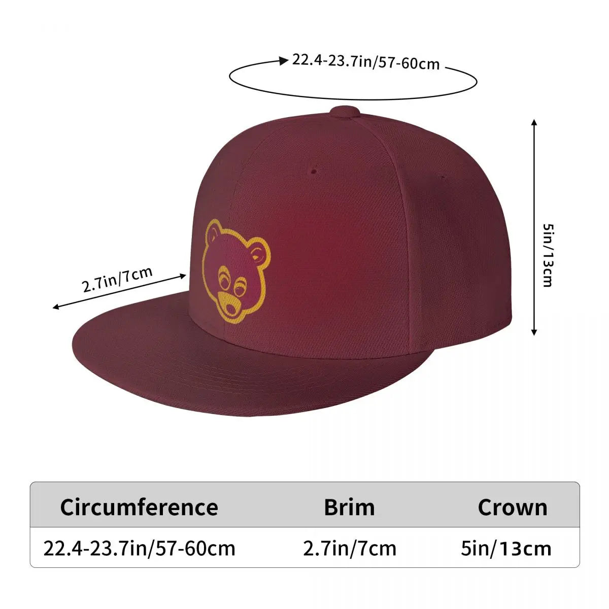 Maroon 'College Dropout Kanye Snapback: Bear Mascot OSFA 9-Colorways' cap with yellow bear logo on a white background angled hat view with measurement chart.