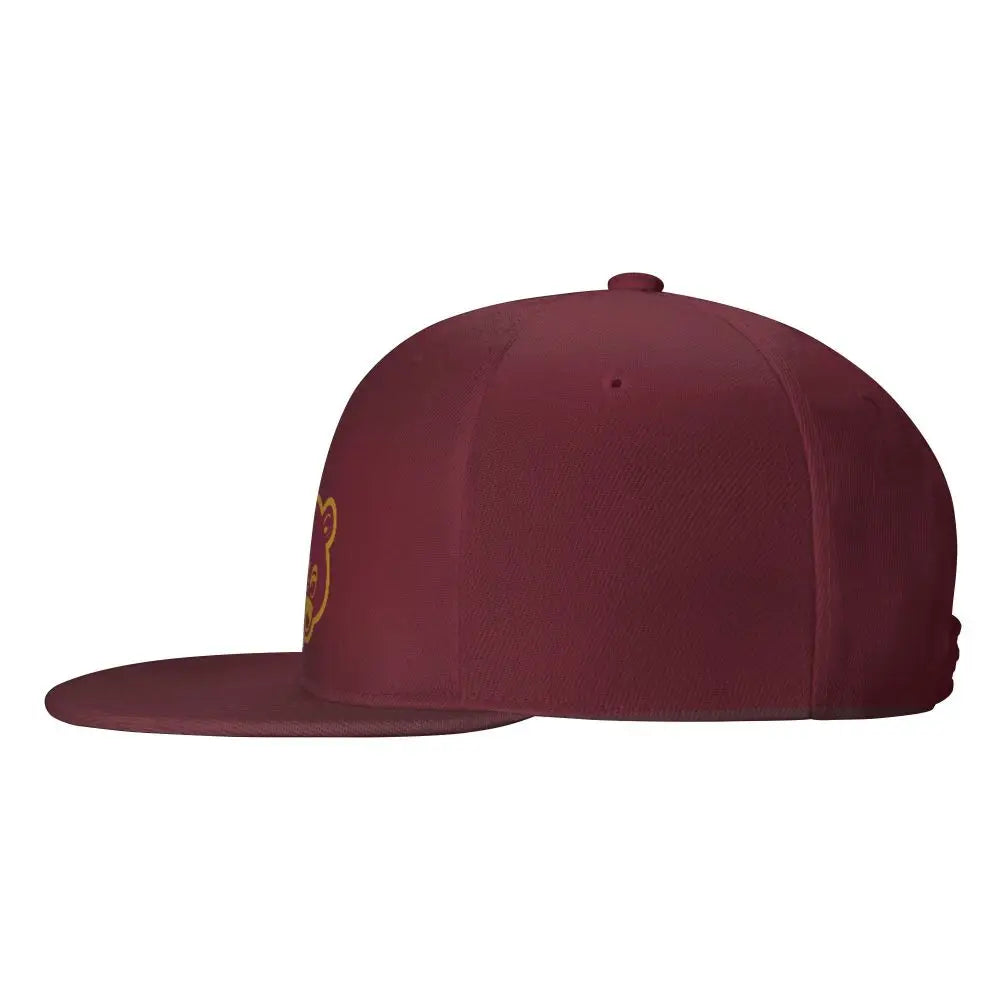 Maroon 'College Dropout Kanye Snapback: Bear Mascot OSFA 9-Colorways' cap with yellow bear logo on a white background side hat view.