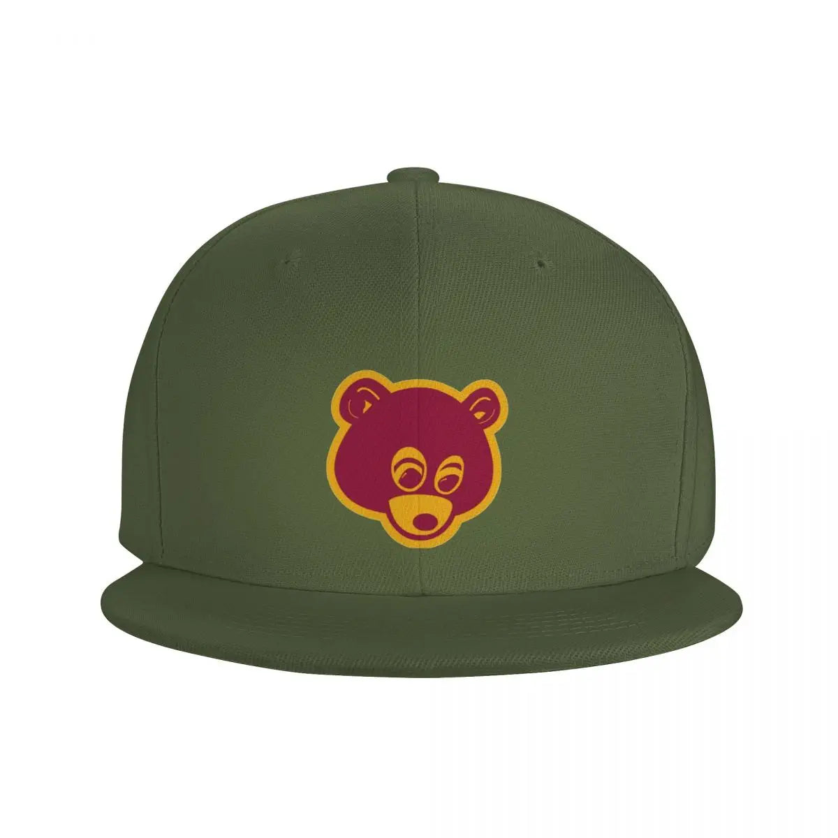 Olive 'College Dropout Kanye Snapback: Bear Mascot OSFA 9-Colorways' cap with yellow bear logo on a white background front logo hat view.