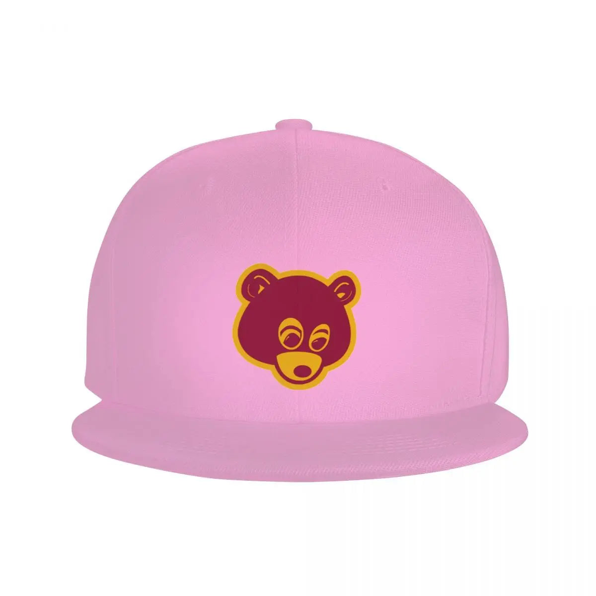 Pink 'College Dropout Kanye Snapback: Bear Mascot OSFA 9-Colorways' cap with maroon bear logo on a white background front logo hat view.